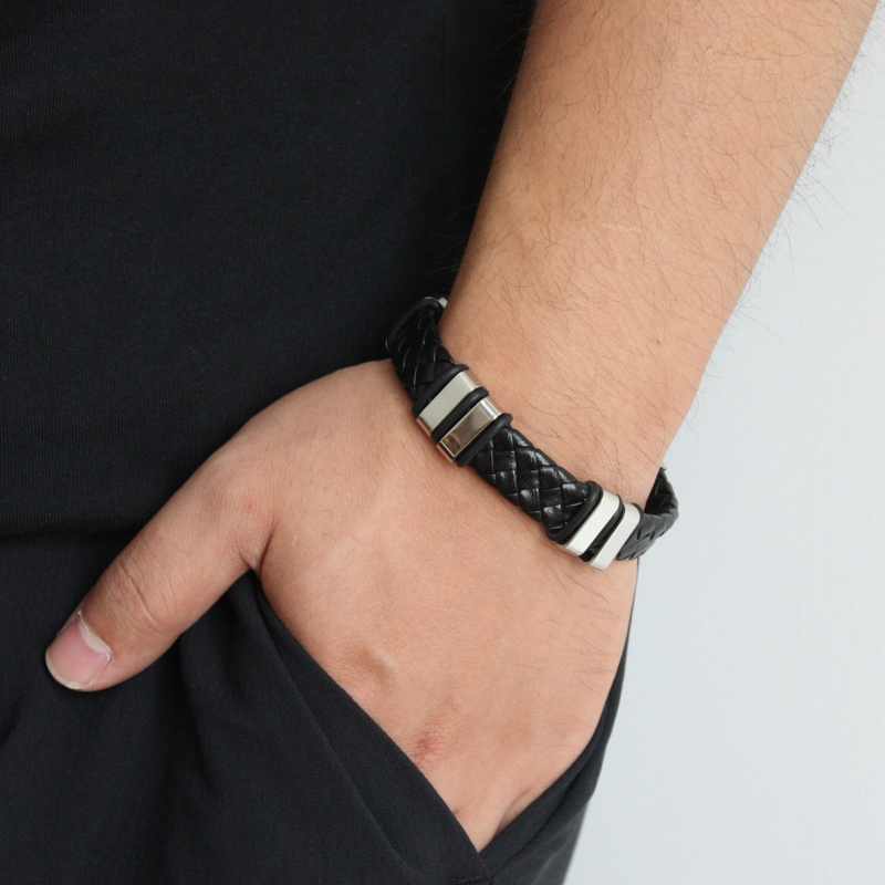

Cuff Men Jewelry Punk Black Braided Leather Bracelet For Stainless Steel Buckle Clasp Fashion Bangles Gifts