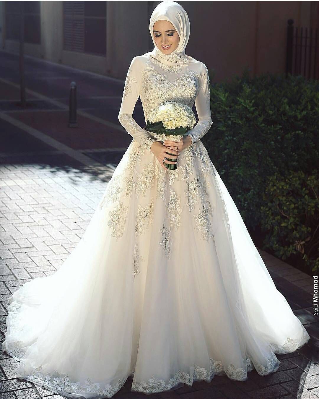 

most popular Saudi Arabic Muslim Wedding Dresses Turkish High Neck Long Sleeves Lace Appliques Bridal Gowns Without Hijab Hochzeitskleid, Silver