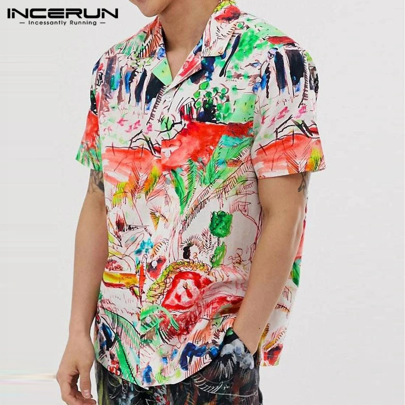 

INCERUN Men Summer Printed Shirts Casual Short Sleeve Lapel Camisa Fashion Loose Breathable Blusas Men Hawaiian Beach Hombre Top, Black