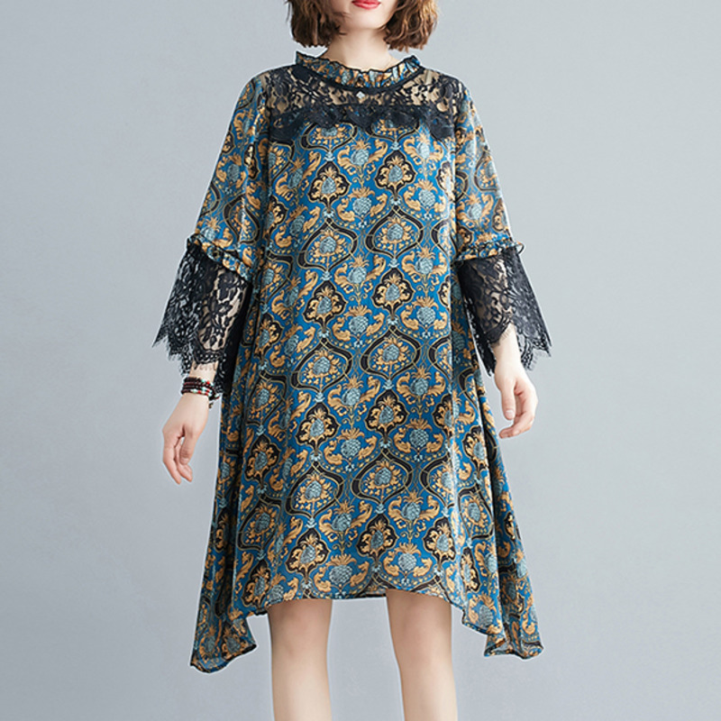 

EWQ] 2020 Spring Summer Cotton linen Stand Collar Three Quarter Sleeve Lace Patchwork Print Pattern Women Casual Dress AY27609, As shown in figure