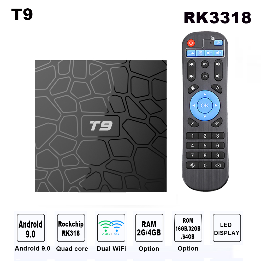 

T9 Android 9.0 TV BOX Smart TVBox Quad Core 4K Media Player 4GB RAM 32GB/64GB ROM H.265 2.4G/5G WIFI USB3.0 Set TopBox