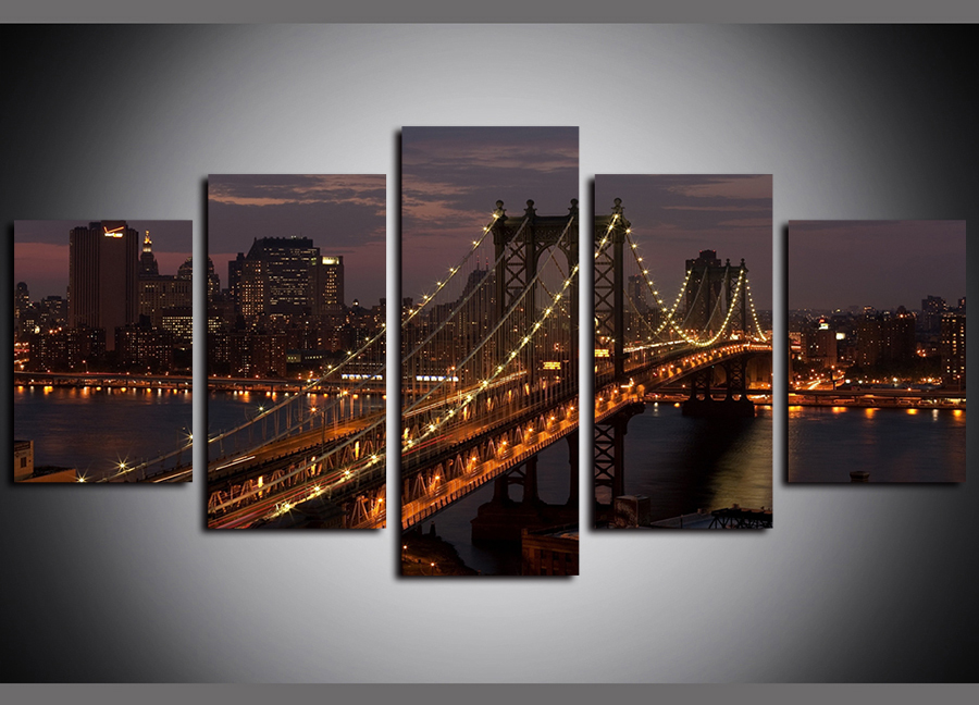 

5 Panels Pictures Paintings on Canvas Wall Art Manhattan Bridge New York City Night Landscape Giclee Canvas Prints and Posters Artwork