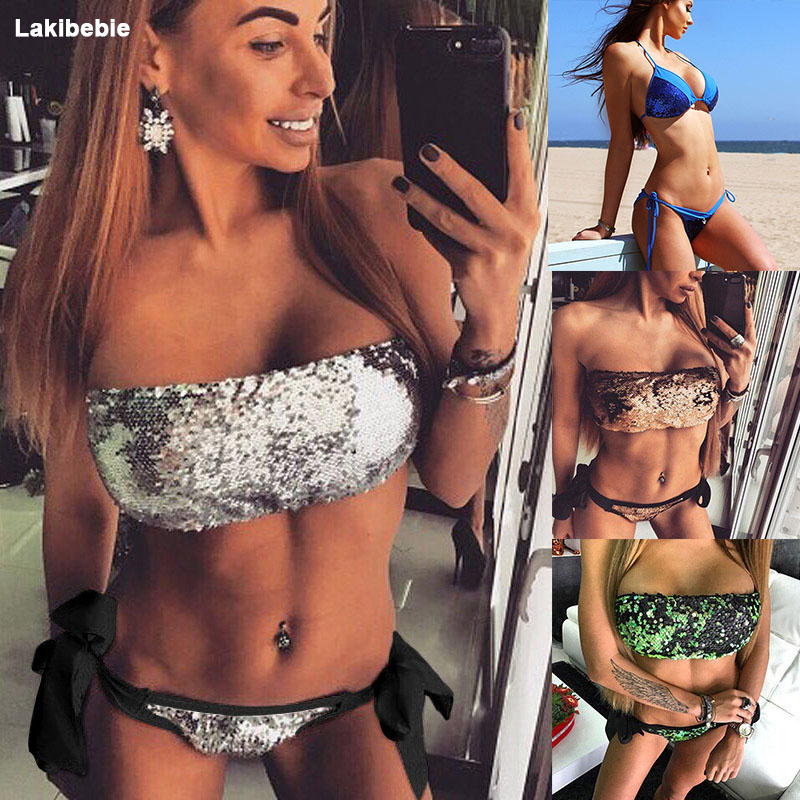 

Sexy Thong sequins Bikinis 2020 Swimwear Women Micro Push-Up Bikini Set Bandeau Swimsuit Bathing Suit Maillot De Bain Biquini, Sn-k0586l
