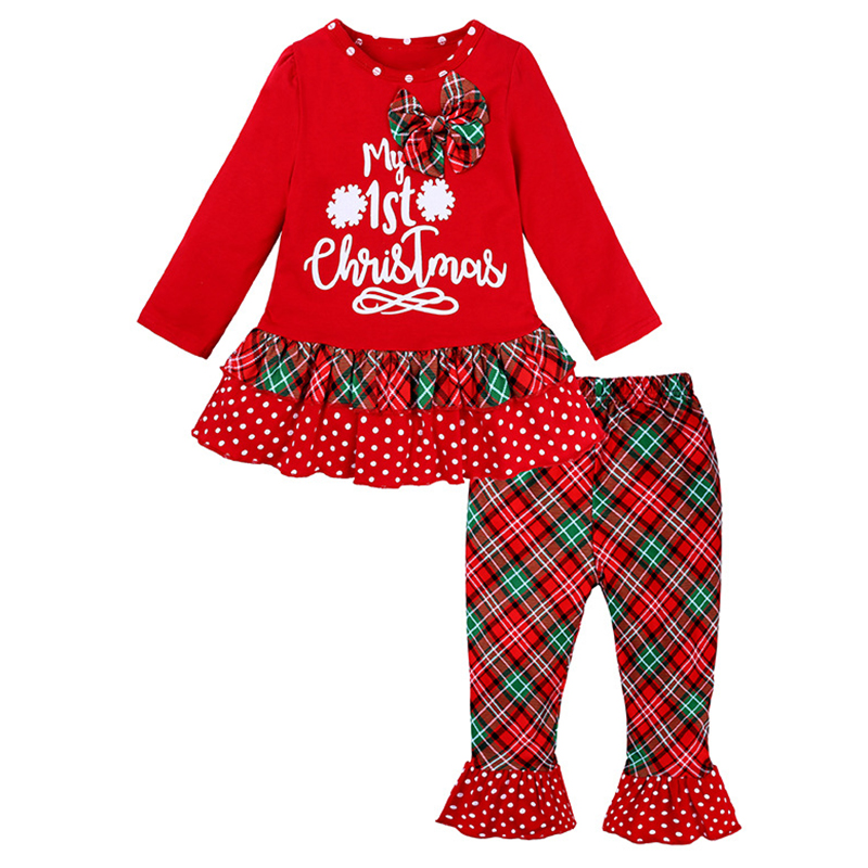 

2020 New Christmas Infant Baby Girls Clothing Sets Cartoon Printed Long sleeve Tops+Plaid Pants Toddler Girls Clothes Suit, Dtz9477w white