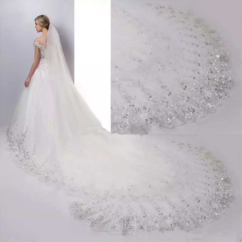 

Vintage 4 Meters Cathedral Length Bridal Veils White Ivory Lace Applique Sequins Edge With Comb Wedding Veil Bridal Accessories
