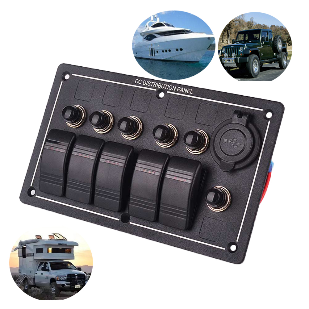 

5 Gang Aluminium LED Rocker Circuit Breaker Waterproof Marine Boat Rv ON-OFF Switch Panel With Cigarette USb Socket