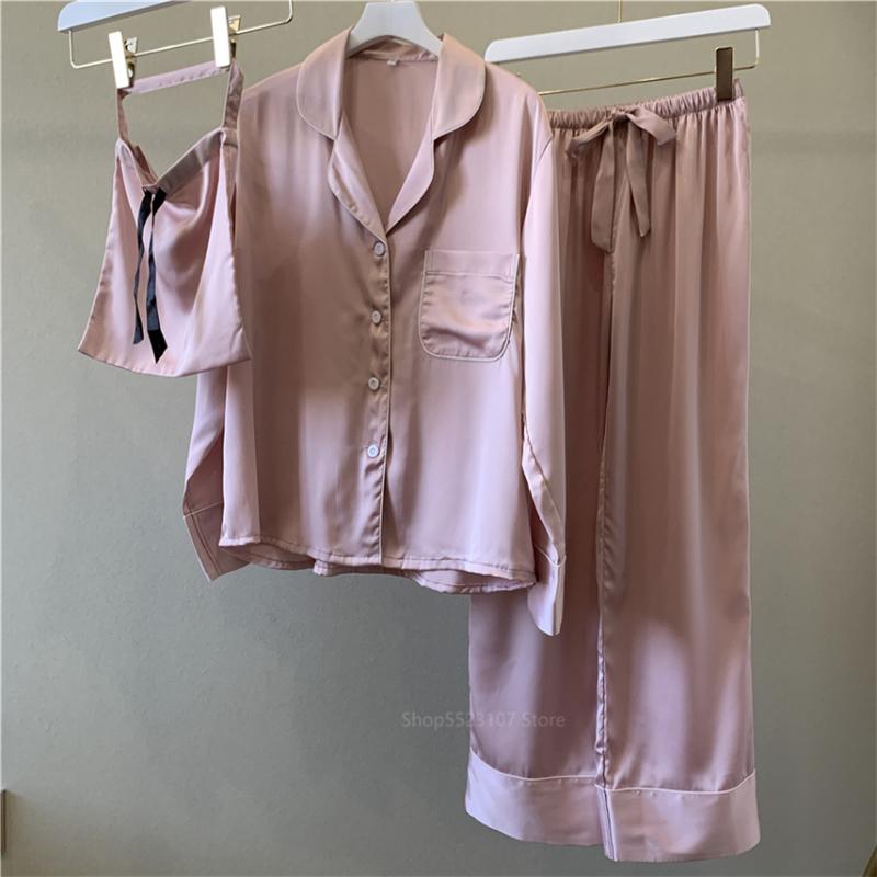 

2020 Summer Women Home Sleepwear Clothing Long Sleeve Satin Silk Solid 3pcs Casual Pajamas Sexy Nightwear Clothes Pants Set