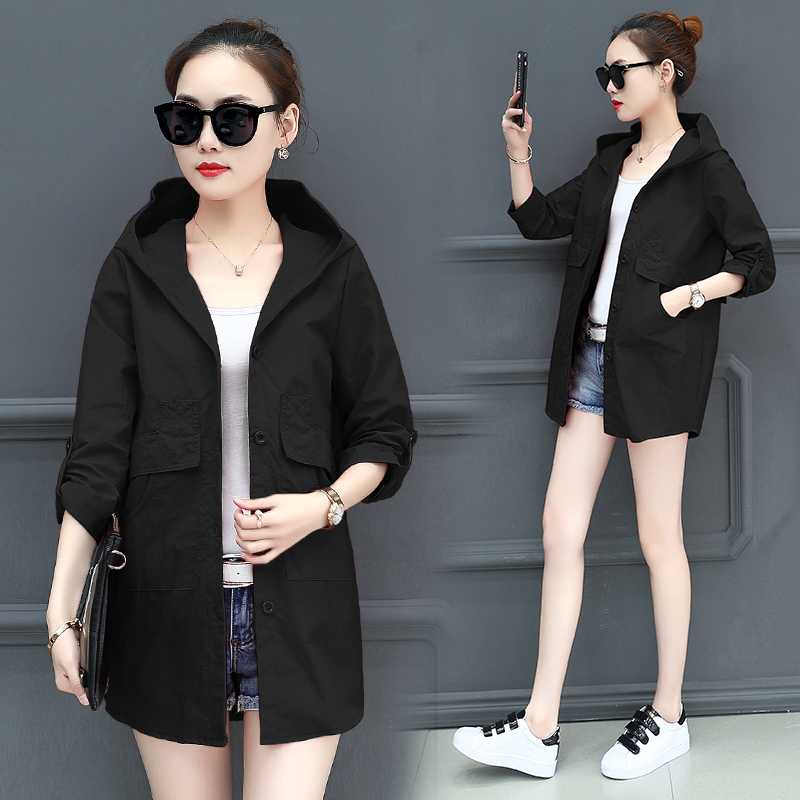 

Women' jacket spring and summer 2019new women single-breasted hooded jacket thin section loose casual fashion sunscreen clothes