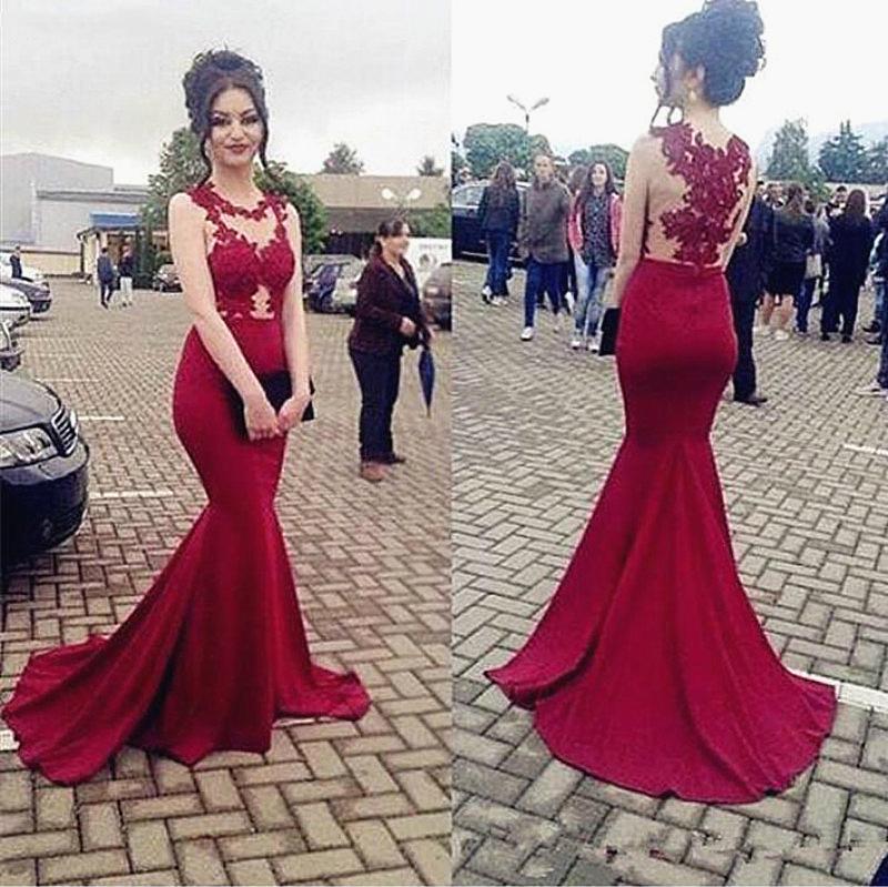 Elegant Satin Mermaid Evening Dresses Appliqued Lace Top Floor Length Illusion Bodice Formal Occasion Prom Dress Party Gowns