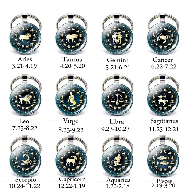 

Vintage 12 Constellation Glass Cabochon Metal Keychain Zodiac Jewelry Handmade Birthday Gift For Men Women