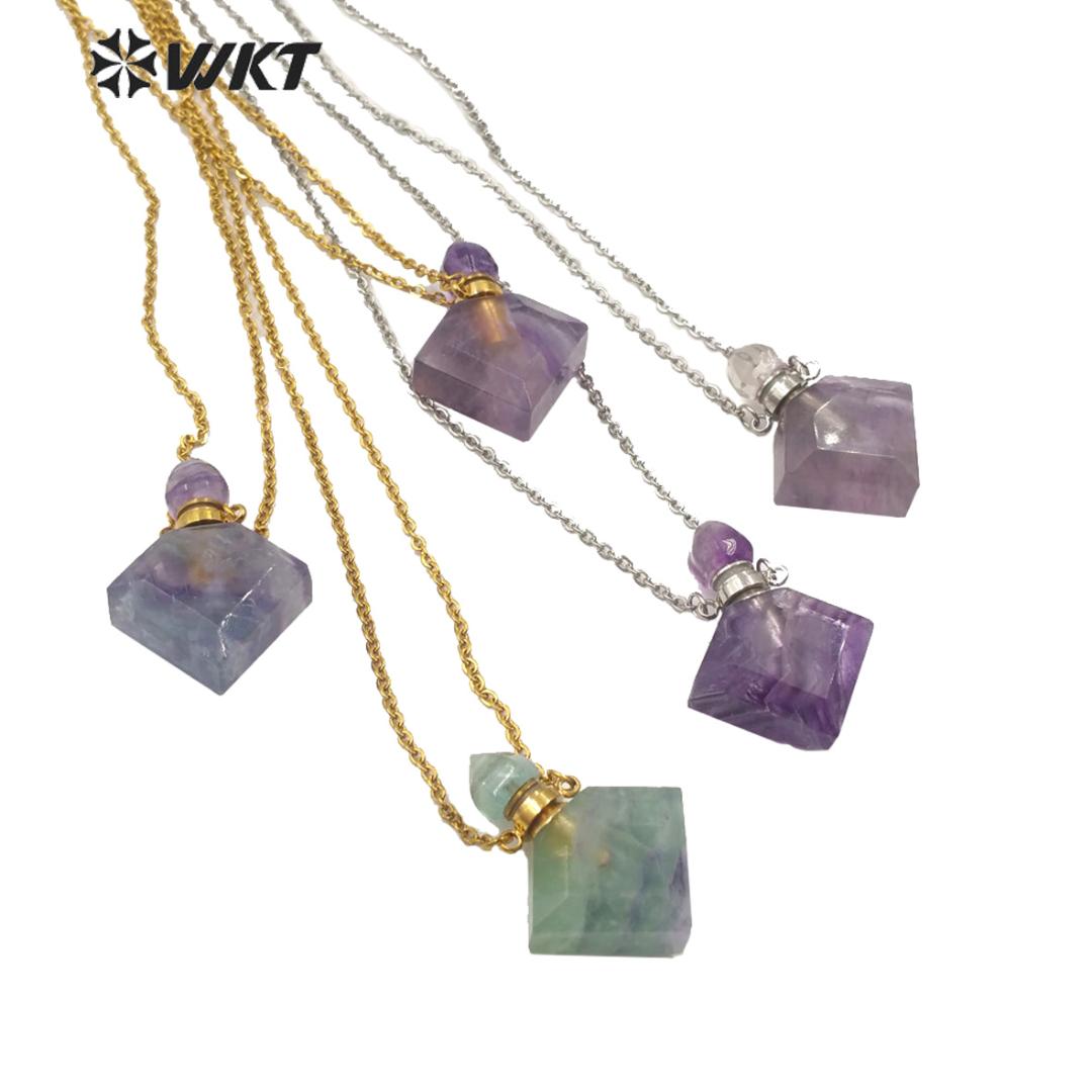 

WT-N1191 Wholesale women rhombus shape rainbow fluorite perfume bottle necklace fashion stone perfume bottle necklace