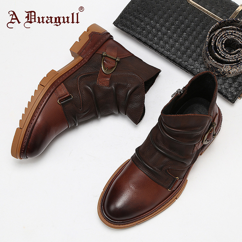 

Leather Boots Autumn/winter Hot Style High Top Men's Shoes British Retro Style Side Zipper Leather Boots Ankle Overalls, Black