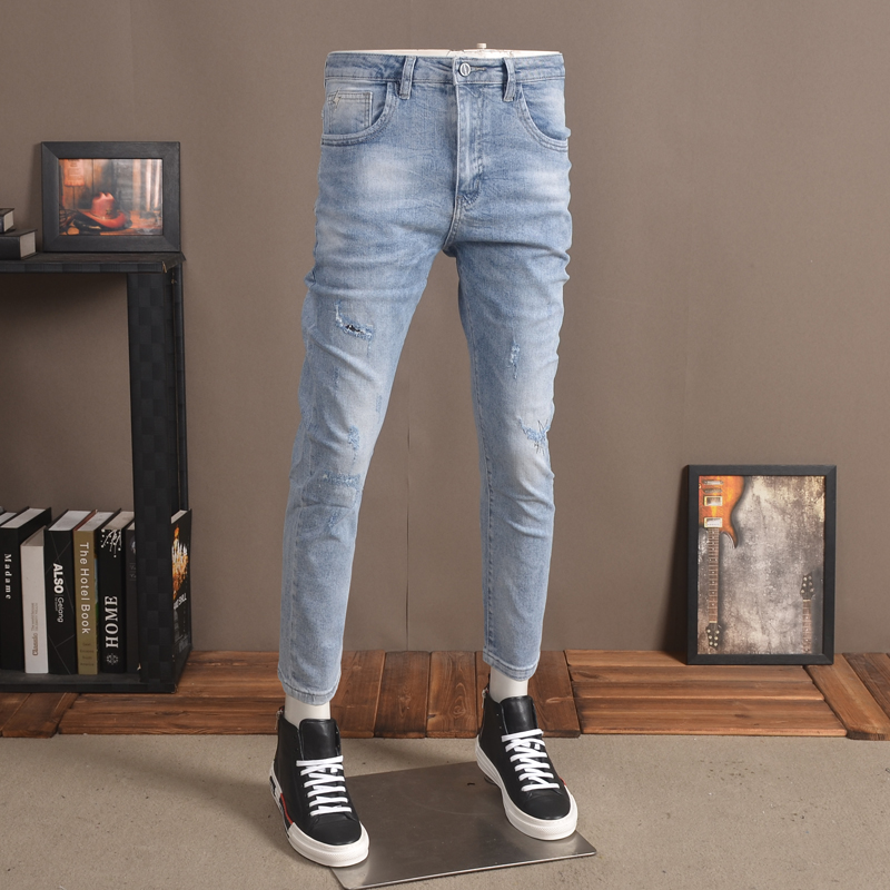 

Ripped Jeans Men 2020 Summer Thin Stretch Denim Regular Ankle-Length Pants, Blue