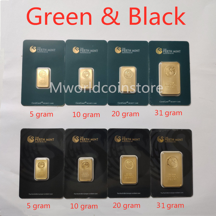 

5/10/20/31gram The Perth Mint Gold-plated Bullion Bars 999 FINE Australia gold plate bar Green/ black blister quality Collections souvenirs gifts Wholesale