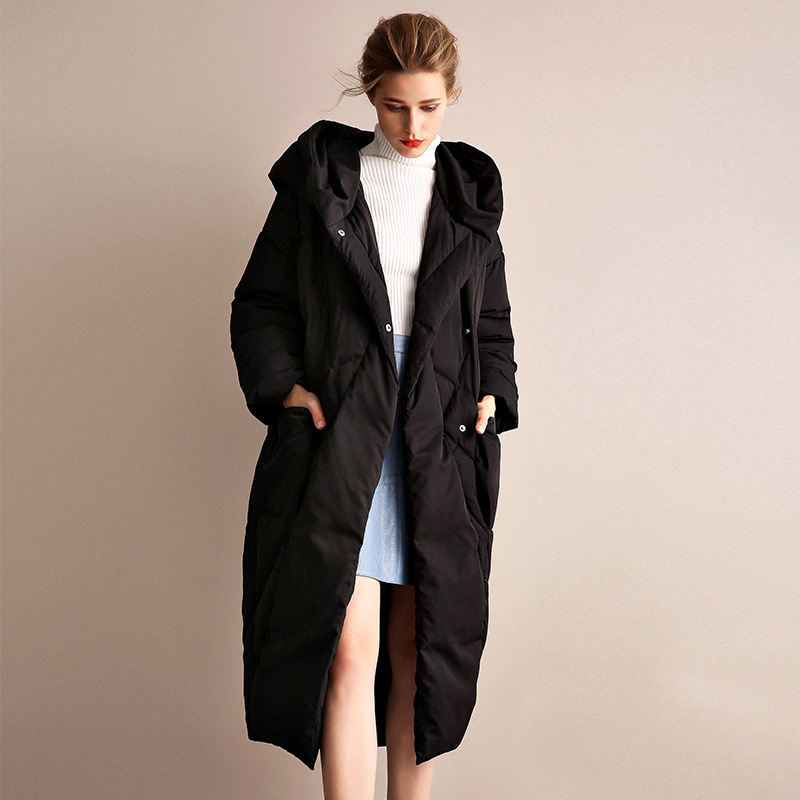 

FYYIYI Down Jacket Women's 2019 Winter Fashion Loose Thickening Dark Buckle White Duck Down Long Hooded Ladies Jacket Coat, Black