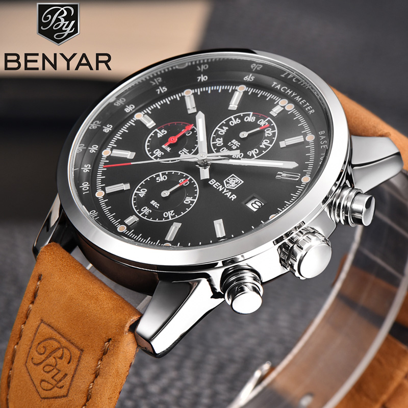 

BENYAR Watches Men Top Chronograph Sport Man Watch Leather Clock Quartz Wristwatch Relogio Masculino 5102, Silver white