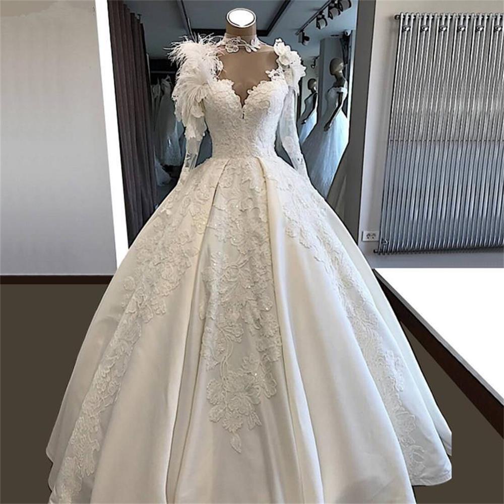 

Embroidery 3d Flowers Lace Country Wedding Dresses Ball Gowns 2020 High Neck Sheer Feathers Long Sleeves vestidos de novia Bridal Party Dres, Ivory