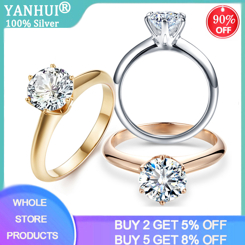 

Cluster Rings YANHUI Brand Classic Pure Solid White/Yellow/Rose Gold Ring Original 8mm 2.0ct Zirconia Diamond Wedding Band For Women
