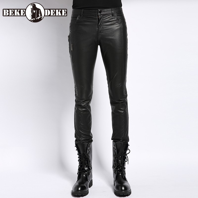 

Winter Mens Windproof Biker Pigskin Pencil Pants Man Casual Motorcycle Bootcut Slim Fit Long Genuine Leather Pants Plus Size 4XL, Black