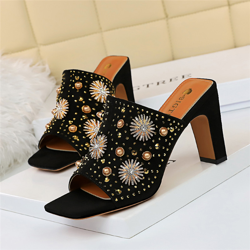

BIGTREE Fashion Suede Metal Button Rivet Crystal Square High Heel Women Summer Outdoor Mules Slippers Female Peep Toe Party Shoe, Black