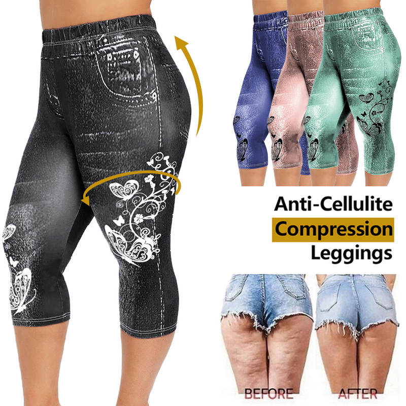 

New 2020 Ladies Denim Print Pants Print High Waist Summer Fitness Pants Casual Ladies Cropped Trousers Running Pant, Black