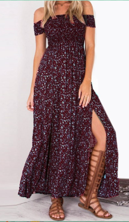 

Fashion-Strapless Beach Summer Dress Sundresses Vintage Bohemian Maxi Dress Robe Femme Boho Floral Women Split Long Dresses Vestido, White;black