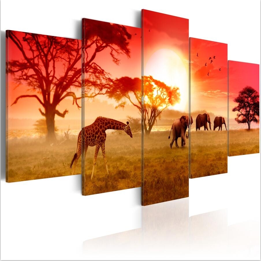 

( No Frame)5PCS/Set Color of Africa Elephant Giraffe Art Print Frameless Canvas Painting Wall Picture Home Decoration
