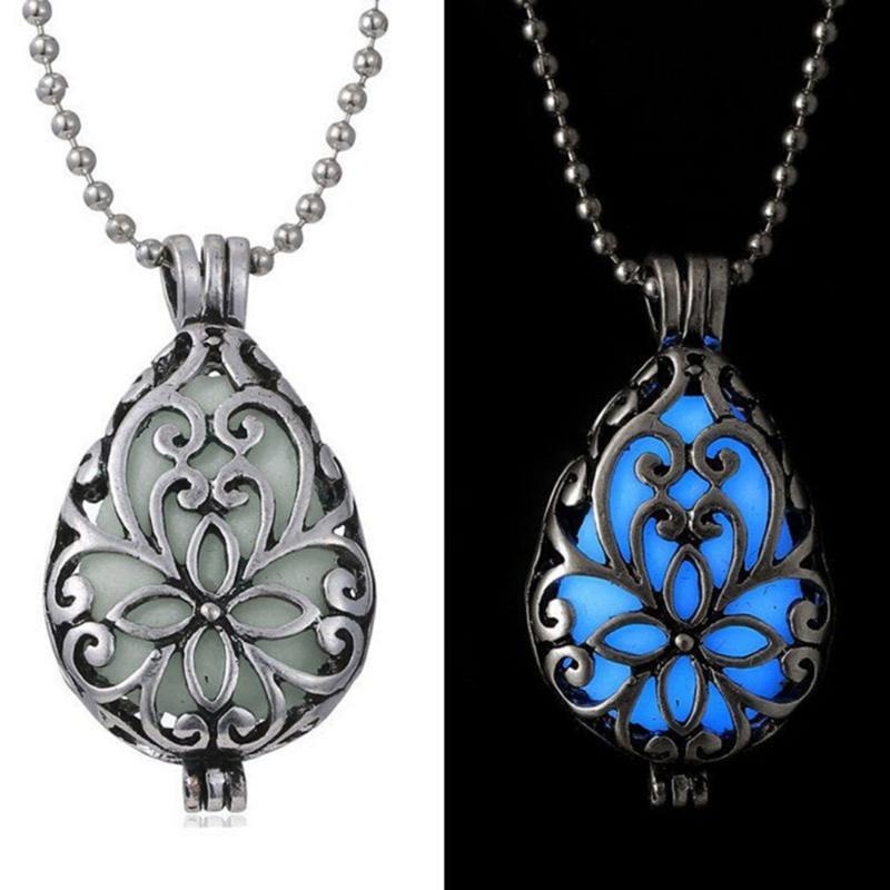 

Pendant Necklaces Glow In Dark Locket Silver Hollow Glowing Stone Luminous Choker Necklace For Women Men Year Gift