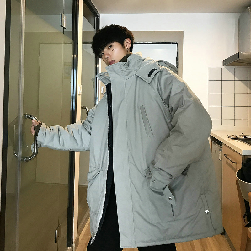 

2019 Winter New Korean Version Of The Solid Color Hooded Plus Velvet Men's Trend Wild Loose Casual Coat, Gray