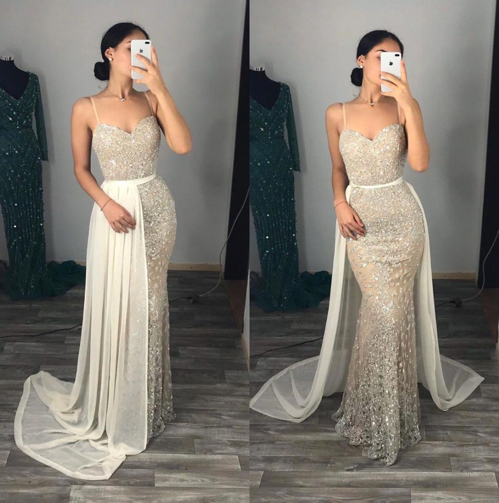 

Glitter Spaghetti Straps Lace Mermaid Prom Dresses 2020 Illusion Sequins Formal Evening Party Gowns With Detachable Train Vestido De Fiesta, Gold