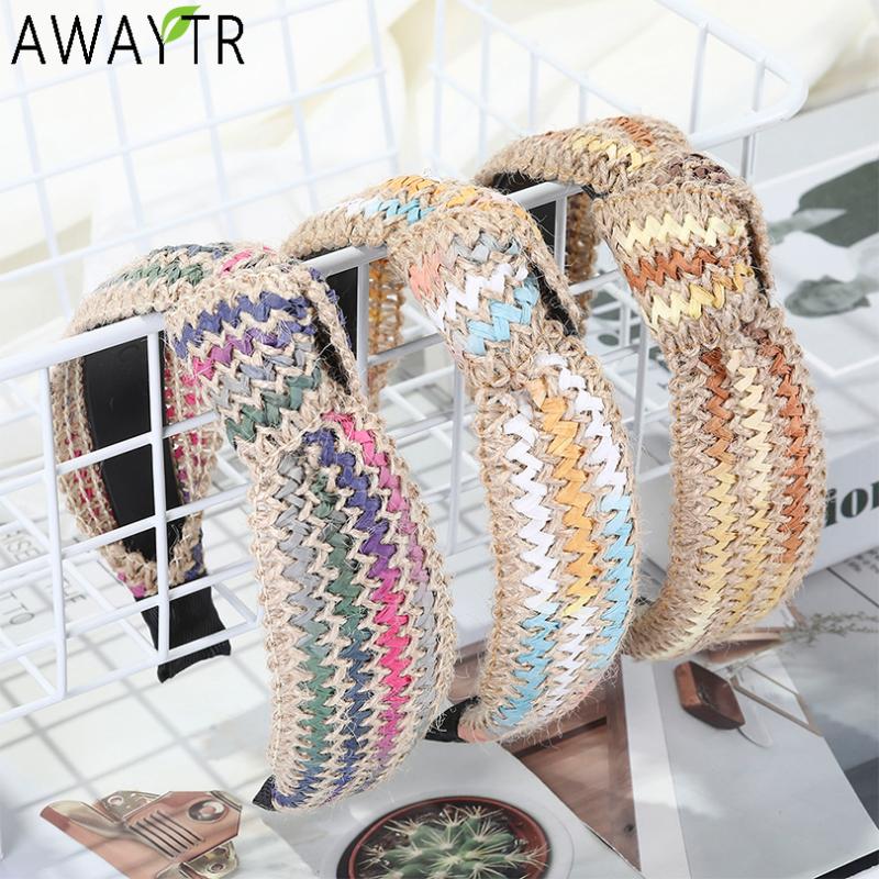 

AWAYTR Bohemia Knotting Hair Hoop Bands Straw Weave Women Girls Fashion Bezel Headdress Striped Wide Headband Hair Accessories