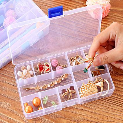 

Free Shipping Adjustable 10/15/24 Compartment Plastic Clear Storage Box for Jewelry Earring Tool Container, As picture