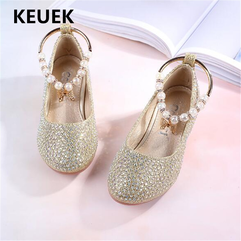

New Girls Princess Shoes Spring/Autumn Crystal High Heels Children Student Dance Leather Shoes Kids Rhinestone 03, Pink