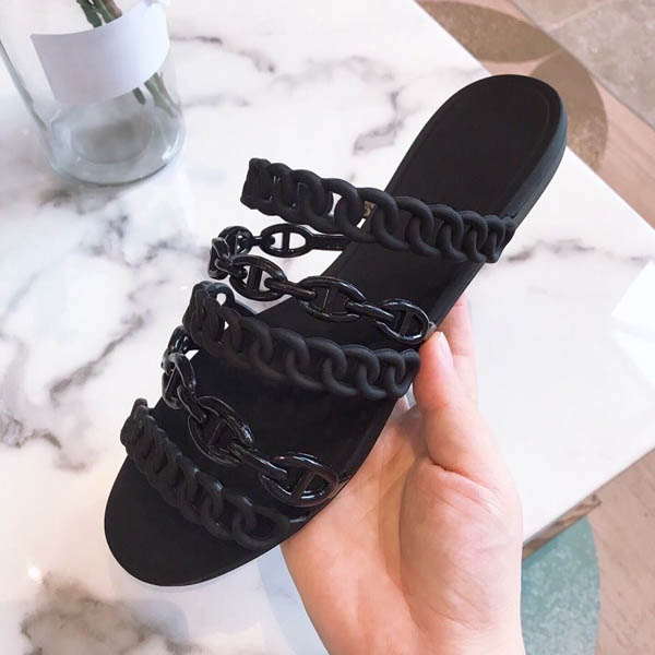 

Designer leather flat sandals 2020 summer shoes women's metal slide and women's slippers fashion luxury shoelace box, Black