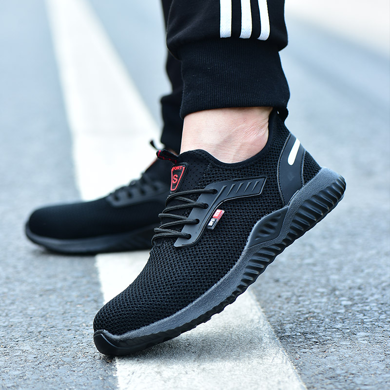 

New Breathable Mesh Safety Shoes Men Light Sneaker Indestructible Steel Toe Soft Anti-piercing Work Boots Plus size 36-48, Beige