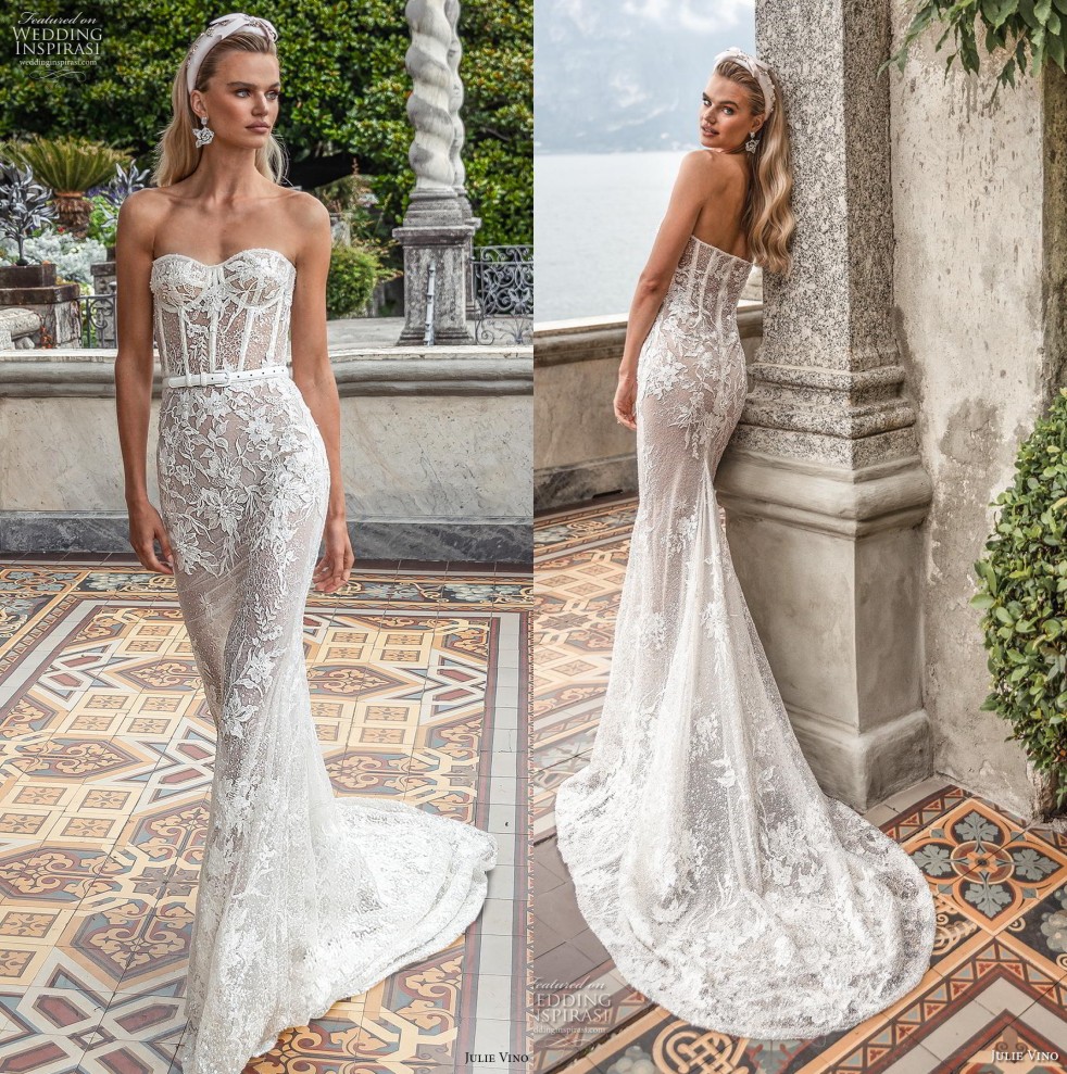 

Graceful Mermaid Lace Wedding Dresses Sequined Strapless Neck Appliqued Bridal Gowns Plus Size Sweep Train robes de mariée, Nude