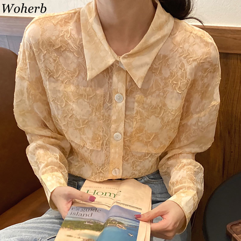 

Woherb Korean Chic Spring Summer Blouse Ladies Tops Ruffle Camisas Mujer FlowerTurn-down Collar Long-sleeve Blusas See Through, Yellow