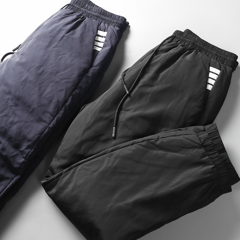 

Winter high end men's outdoor thickened warm elastic waist down pants loose fit comfortable white duck down pants us large size men's design, Black
