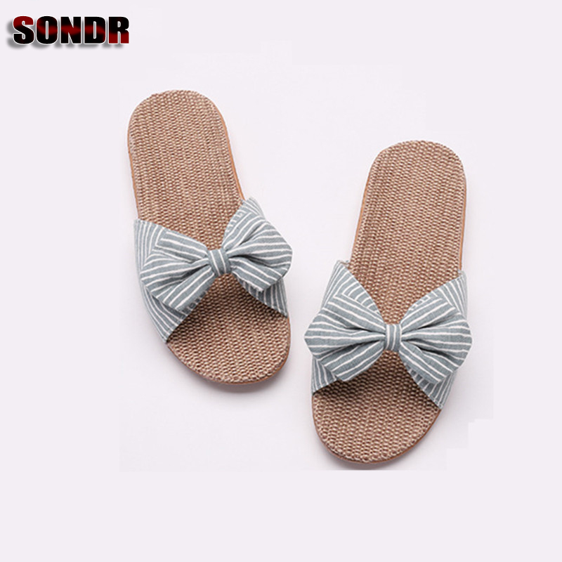 

Women Linen Slippers 2020 Summer New Striped Bow Slippers Flip-Flops Platform Sandals Ladies Indoor Shoes, Beige