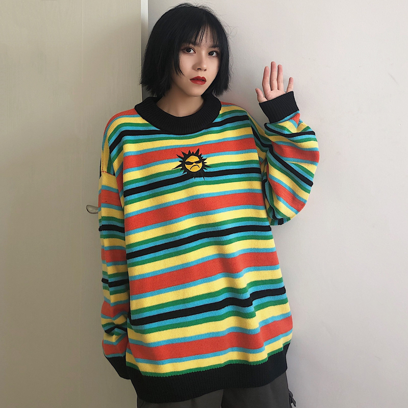 

Harajuku Rainbow Striped Sweater Women Vintage Colorblock Sweater Loose Round Neck Long Sleeve Knit Female Alien, Blue
