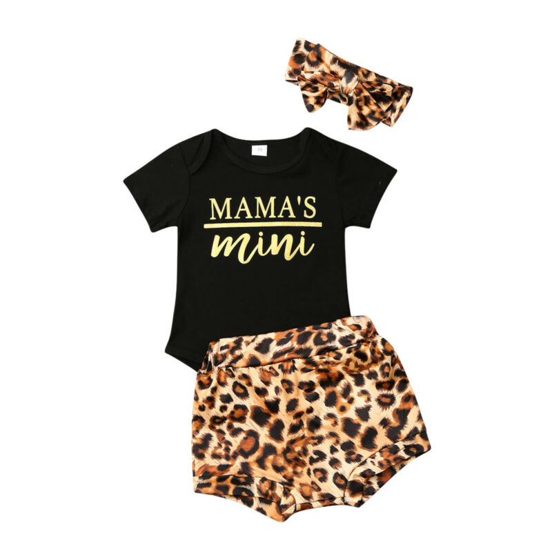 

Newborn Infant Baby Girl Clothes Set Tops Romper Leopard Short Pants Outfit Headband, As pic