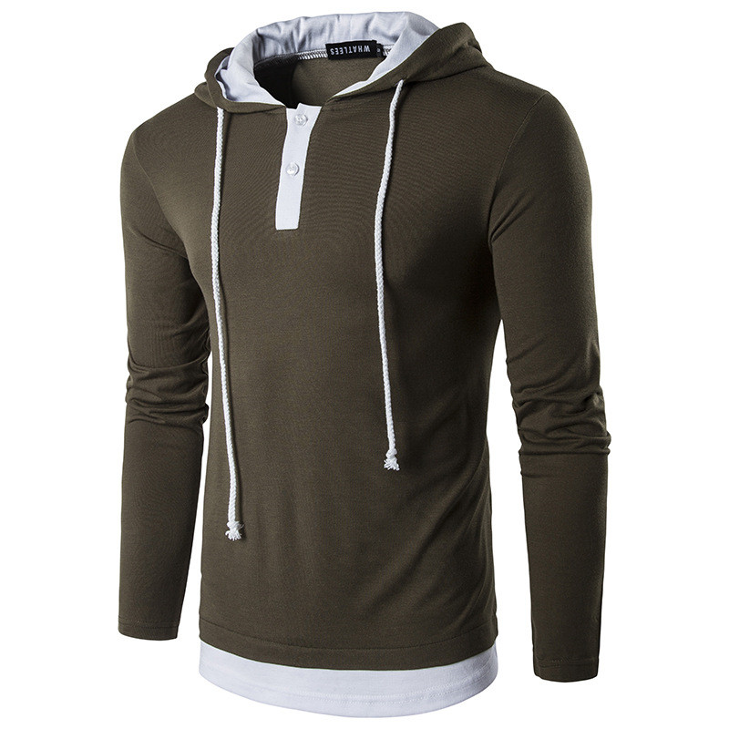 

Panelled Mens Designer Hoodies Casual Fake Two Piece Drawstring Mens Hoodies Fashion Pullover Button Males Clothing, Blue