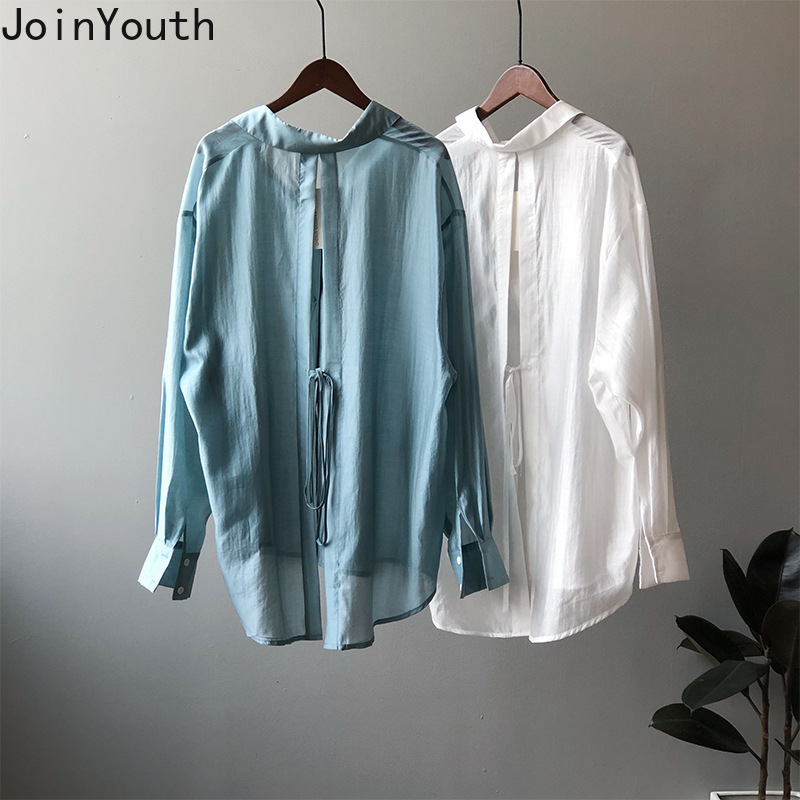 

Joinyouth Blusas Mujer De Moda 2020 Summer Chic Clothing Solid Backless Shirts Thin Lace Up Blouses Casual Sun Protection Tops, Blue