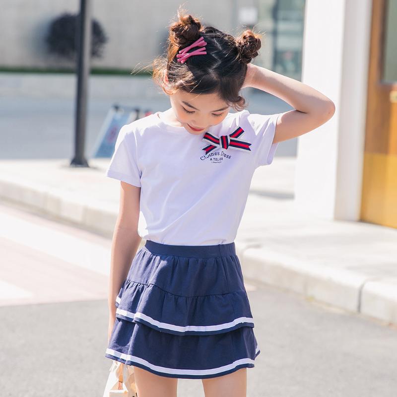 

Summer Girls Set Pure Cotton College Style Girls Clothes Children Uniforms Back to School Fashion Top and Skirt 2pcs Suits New, H22065 white
