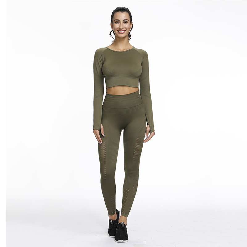 

2Piece Seamless Yoga Set Sports Wear For Women Fitness Clothing Laser Cut Yoga Leggings Cropped Long Sleeve Shirt Gym Sport Suit, Army green pants
