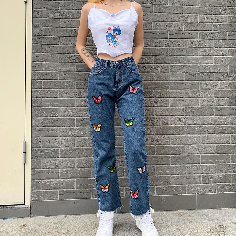 

2020 Street Style Women Jeans High Waist Color Butterfly Embroidery Straight Tube Cute Jeans Casual Pants Ripped for Women, Blue