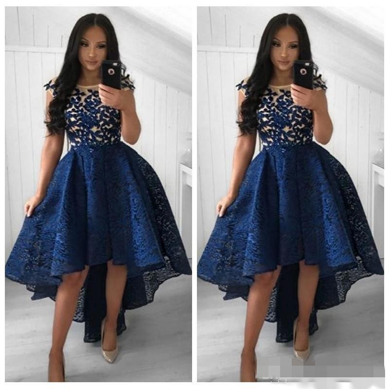 

2020 High Low Blue Prom Dresses Sheer Neck Cap Sleeves Lace Applique Custom Made Black Girl Formal Evening Gown Cocktail Party Dress, Silver