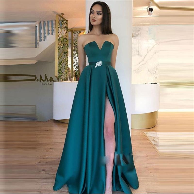 

Hunter Prom Dresses With Sash Beads Strapless Front Split Cheap Party Dress Sleeveless Floor Length Simple Evening Gowns, Purple