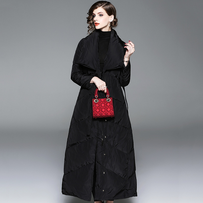 

FYYIYI 2019 New Down Jacket Female Autumn And Winter New Fashion Cloak Lapel Long White Duck Down Thick Coat Belt Slim Bow Coat, Black