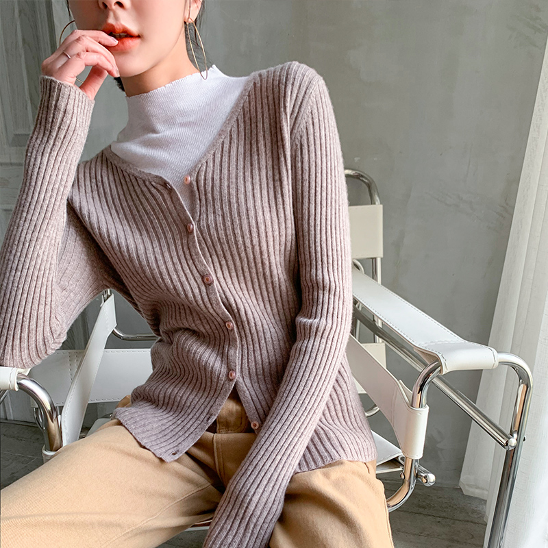 

LHZSYY 2020New Pure Wool Knitted Cardigan Women' V-Neck Pit Strip Short Sunscreen Jacket Thin Cashmere Sweater Base shirt top, Beige